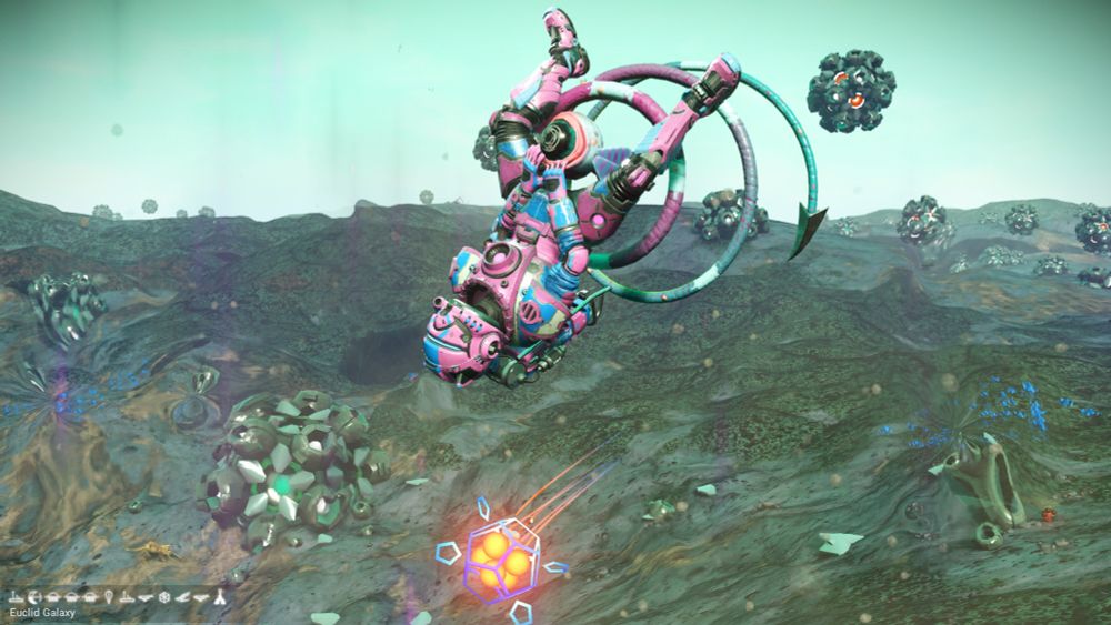 no man's sky character riding inside an animal that looks like an eyeball with a devil tail