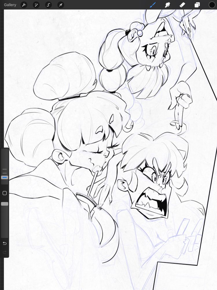 Black and white comic-style line art featuring three stylized female characters arranged vertically in a dynamic composition. The top character is upside down, wide-eyed, with an exaggerated shocked expression, pointing downward. The middle character calmly sips a drink with a relaxed demeanor and closed eyes, appearing unbothered. The bottom character has a wild, furious expression, baring sharp teeth and yelling while gripping the joystick of an arcade machine. The scene appears humorous and chaotic, with exaggerated cartoon proportions and strong facial expressions.