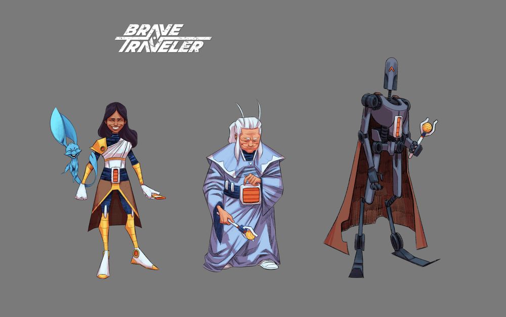 Original characters: illustration
Left: space captain in light armor
Middle: wise elderly companion 
Right: tall slender robot navigator 