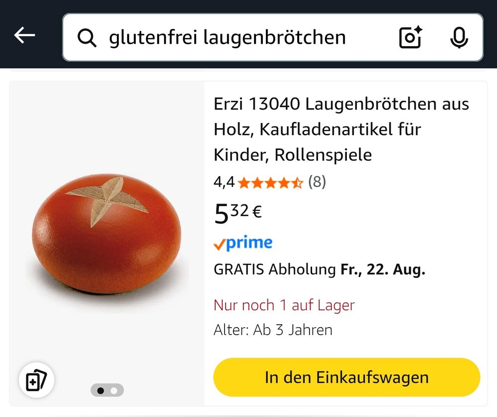 Screenshot von Amazon, in der Suchtleiste steht "glutenfrei Laugenbrötchen" als Ergebnis sehe ich ein solches aus Holz für den Kaufmannsladen für Kinder.