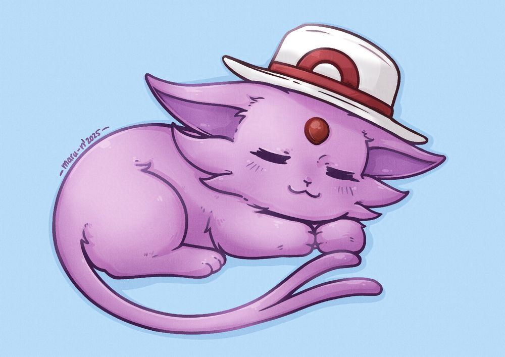 Digital illustration of Espeon (Pokémon) sleeping while wearing Leaf’s (female Pokémon trainer from FireRed/LeafGreen games) hat, with a sky blue background.

This illustration was commissioned by AleTheSushi on VGen.