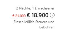 Screenshot aus einem Buchungsportal. Der Preis für einen Erwachsenen und zwei Nächte ist von 21.000€ auf 18.900€ reduziert. Schnäppchen.