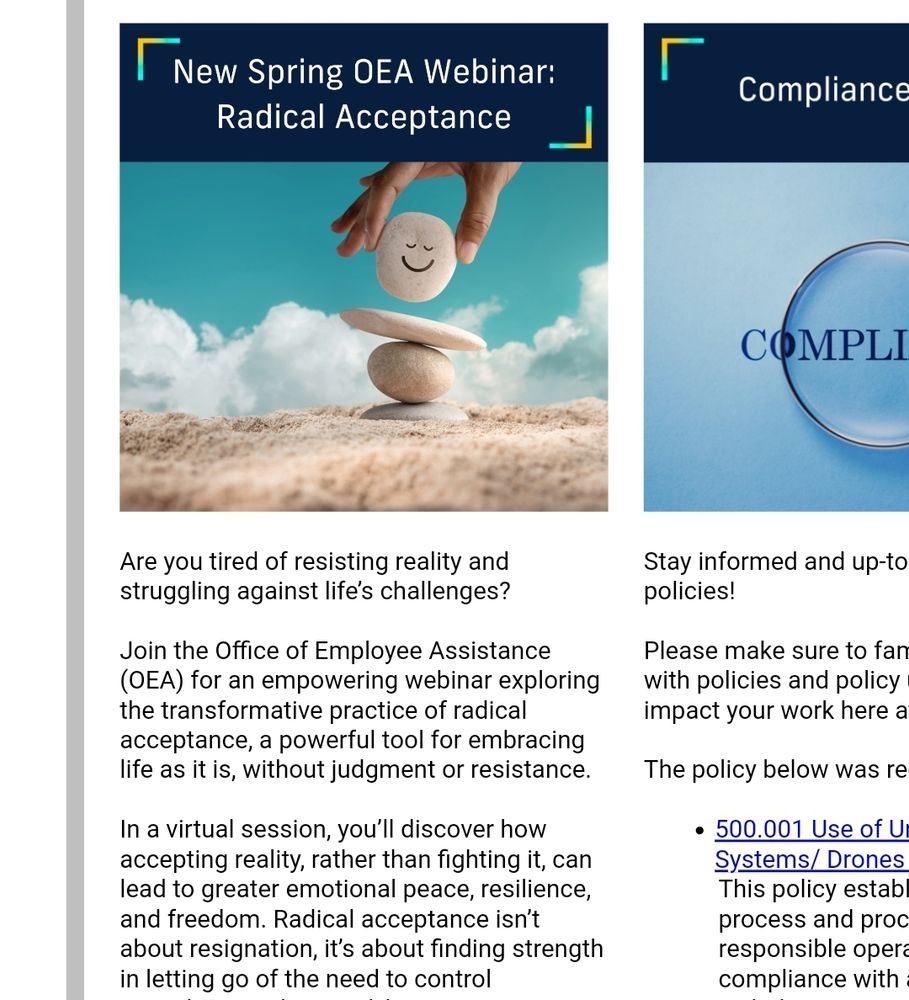 Flyer for a Human Resources Webinar entitled Radical Acceptance. The flyer reads, "Are you tired of resisting reality and struggling against life’s challenges? Join the Office of Employee Assistance (OEA) for an empowering webinar exploring the transformative practice of radical acceptance, a powerful tool for embracing life as it is, without judgment or resistance. In a virtual session, you’ll discover how accepting reality, rather than fighting it, can lead to greater emotional peace, resilience, and freedom. Radical acceptance isn’t about resignation, it’s about finding strength in letting go of the need to control everything, and instead, learning to navigate life’s difficulties with compassion, mindfulness, and grace."