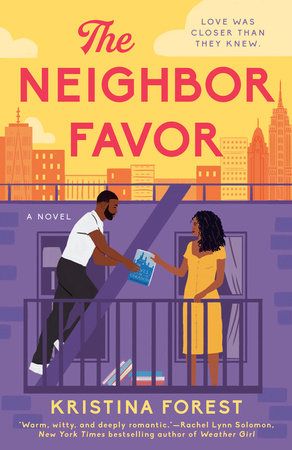 Book cover of The Neighbor Favor by Kristina Forest. Cover shows an attactive skyscraper cityscape in shades of gold and orange in the background. Front and center is a purple brick building with a fire escape. A man in a white shirt and black pants is handing a blue book to a woman in a gold dress, which matches the colorscape of the city. A pile of books sit on the fire escape.