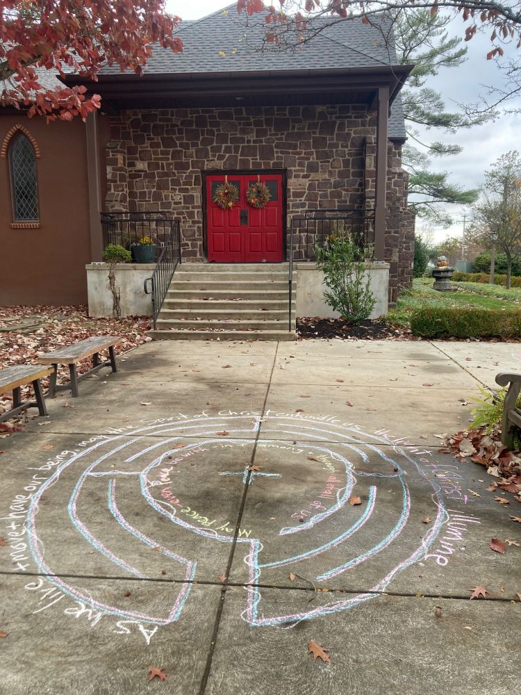 chalked labyrinth with words 