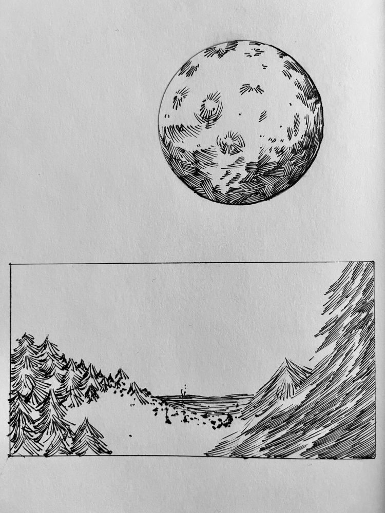 Panel of a small landscape with trees opening up to a small seaside village with a large moon above it. Drawn in ink.