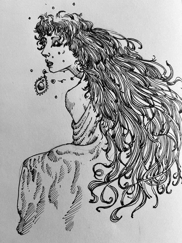 Slight 3/4 view of a robed woman looking wistful with long flowing hair and a necklace floating on her neck. Drawn in ink.