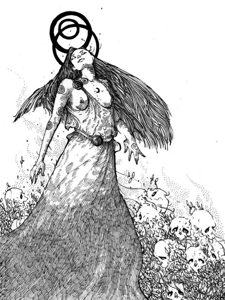 Ink drawing of a Eris, Goddess of Strife, crowned and floating proudly through a tangle of fauna and skulls. She looks contented to be among the chaos which she inherently creates.