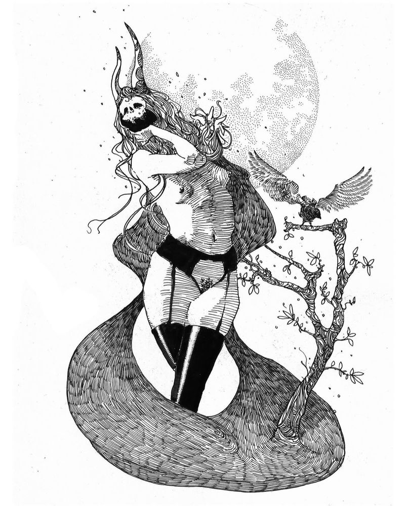 Ink drawing of a woman with a skull mask, heavy contrapposto, shrouded from shoulders all the way down. A tree emerges from the fabric of which a crow is landing on the top most branch. A stippled moon forms in the background.