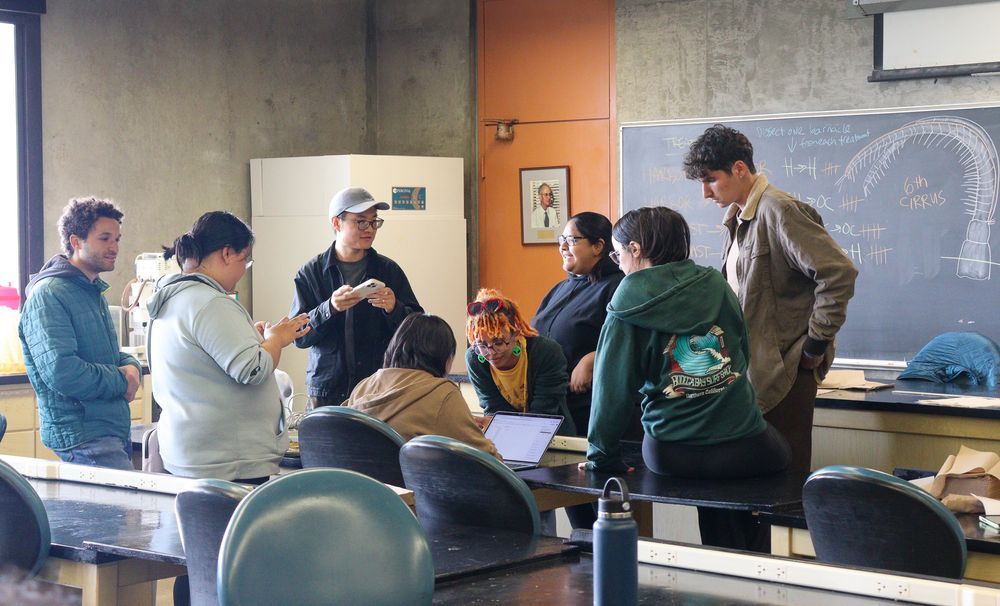 A group of students gathered around a lab bench, working collaboratively
