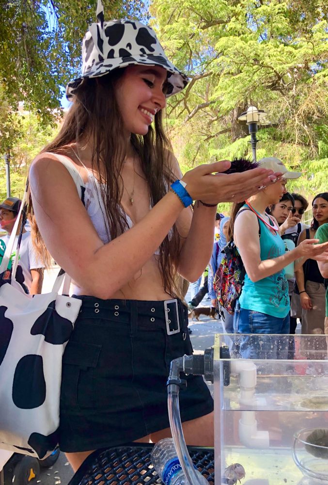 A person in a cow print outfit holding a purple urchin and smiling at it