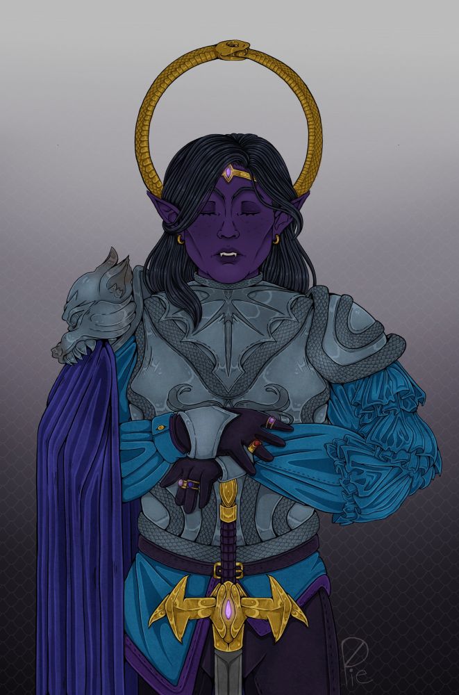 A purple yuanti with black hair and golden earrings stands with his arms crossed and his palms on the pommel of his gold and silver sword. He wears a golden circlet with a light purple gem at the center and a breastplate with maple leaf motifs and snake scales. His pauldron is shaped like a wolf with a purple capelet coming from the mouth. His shirt is a nice light blue with ruffles on the arm. Behind him is a golden halo of a snake eating its own tail. Scales are part of the background coloration. 