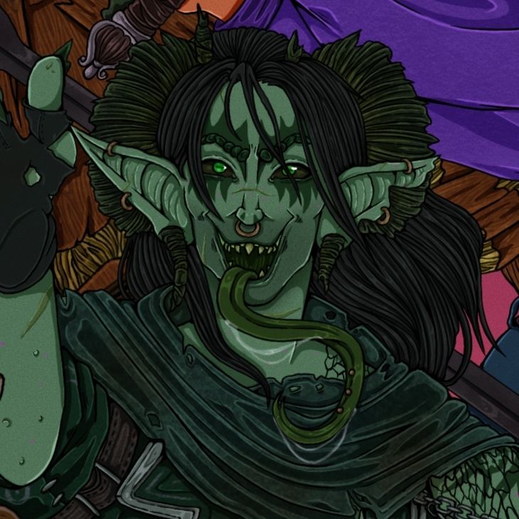 A green tiefling with horns that piece the lobes of his ears and large bat ears. He has his long green tongue out and black hair down to the shoulders. 