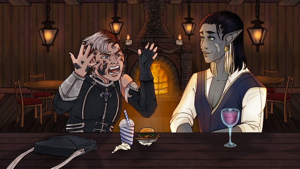 Two figures sit in a warmly lit tavern with overhead lamps and a lit fireplace.

Sitting at the counter is Siralk and Zyphr. Siralk, on the left, is a young man with mismatched eyes and brown hair fading into white styled in an undercut. He wears black and silver clothing and is covered in ink, clearly angry and ranting. 

Zyphr, on the right, is a drow with pale green eyes and dark hair with blonde highlights in the front. He has a bandage on his cheek and a fond smile.  He is dressed in a blue vest and a white button up that is only done up to the lower chest. 