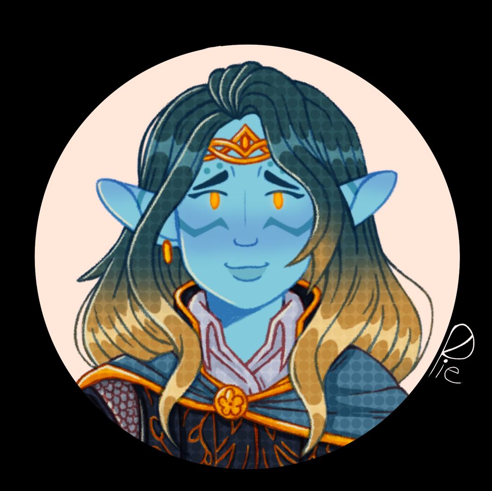 A blue triton with elf ears and darker blue hair tipped in orange. He has amber eyes and a blue cloak as well as a circlet with a yellow stone. 