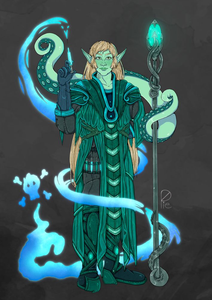 Taimin Liadon is a green skinned elf with freckles and green eyes. His hair is blonde with short bangs that seem like they were cut themselves. His hair stretches down to his thighs. He wears a uniform typical of the Simic Combine, robes with various shades of greens. He has two tentacles that sprout from his back and one holds a staff that has tentacle motifs and a glowing green egg on top. He has a syringe in hand and a few strapped to his thigh. He is surrounded by blue wisps of mist that are poisonous. 