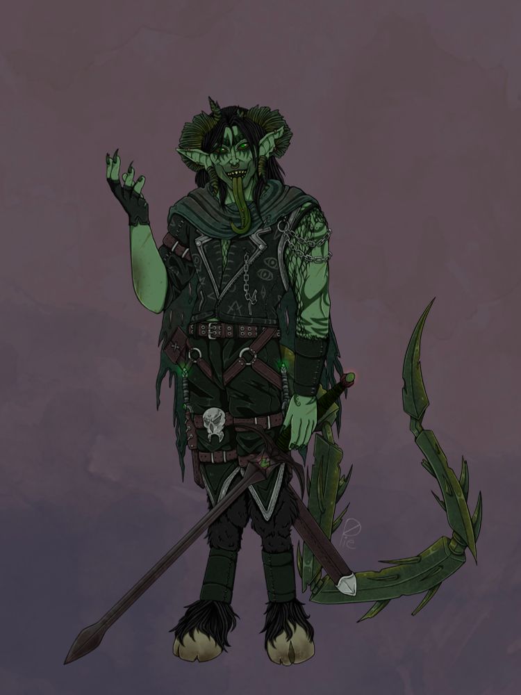 Thrax is a green fiend with a snakelike jaw and a long, frog-like tongue. His teeth are razor sharp and he has bat-like ears. His ram horns, chipped and snapped, wrap around and pierce his ears like gauges. He has a spider-leg like tail and frog eyes. He wears a tattered cloak caked in mud and leather clothing with chalk decals. His hooves are black and his hair is to his shoulders. He has swirling markings along his arm and his face. 