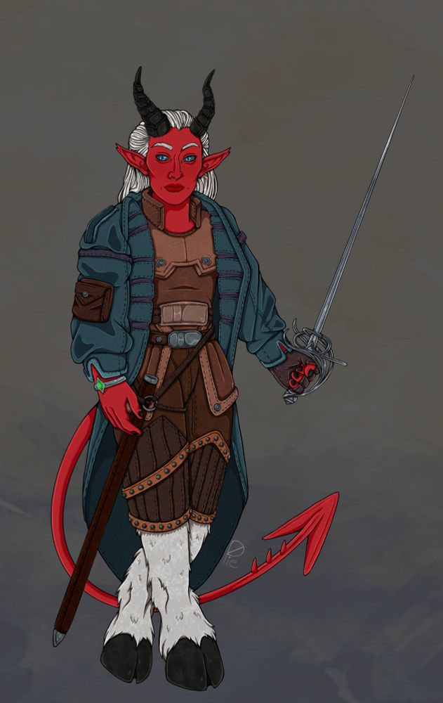 A red tiefling with white hair down to the shoulders stands with a basket handled rapier in hand. Her horns are dark and pointed upwards and her ears are pointed with little notches cut out. Her eyes are blue and mimic that of a lizard. 
She wears brown leathers and a blue overcoat along with a silver bracelet with a green gem. Her tail is red with spikes on it that curls around her back. She has white furred hooves and black feet. 