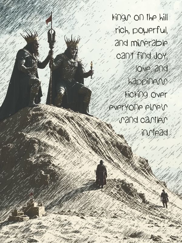 kings on the hill
rich, powerful,
and miserable
can’t find joy,
love, and
happiness
kicking over
everyone else’s
sand castles
instead