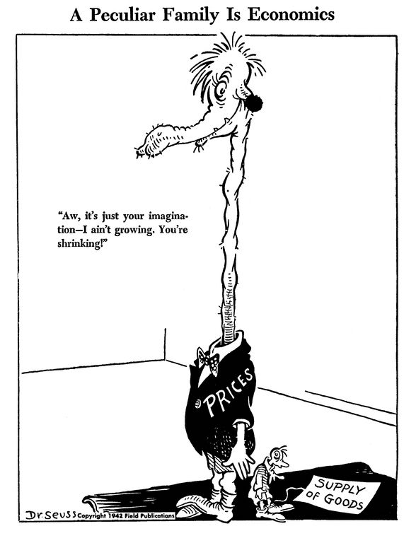 A Pecuilar Family of economics, circa 1943. Large Prices bird saying to small Supply of Goods bird, “ Aw, It’s just your imagination. I ain’t growing. Your Shrinking!”