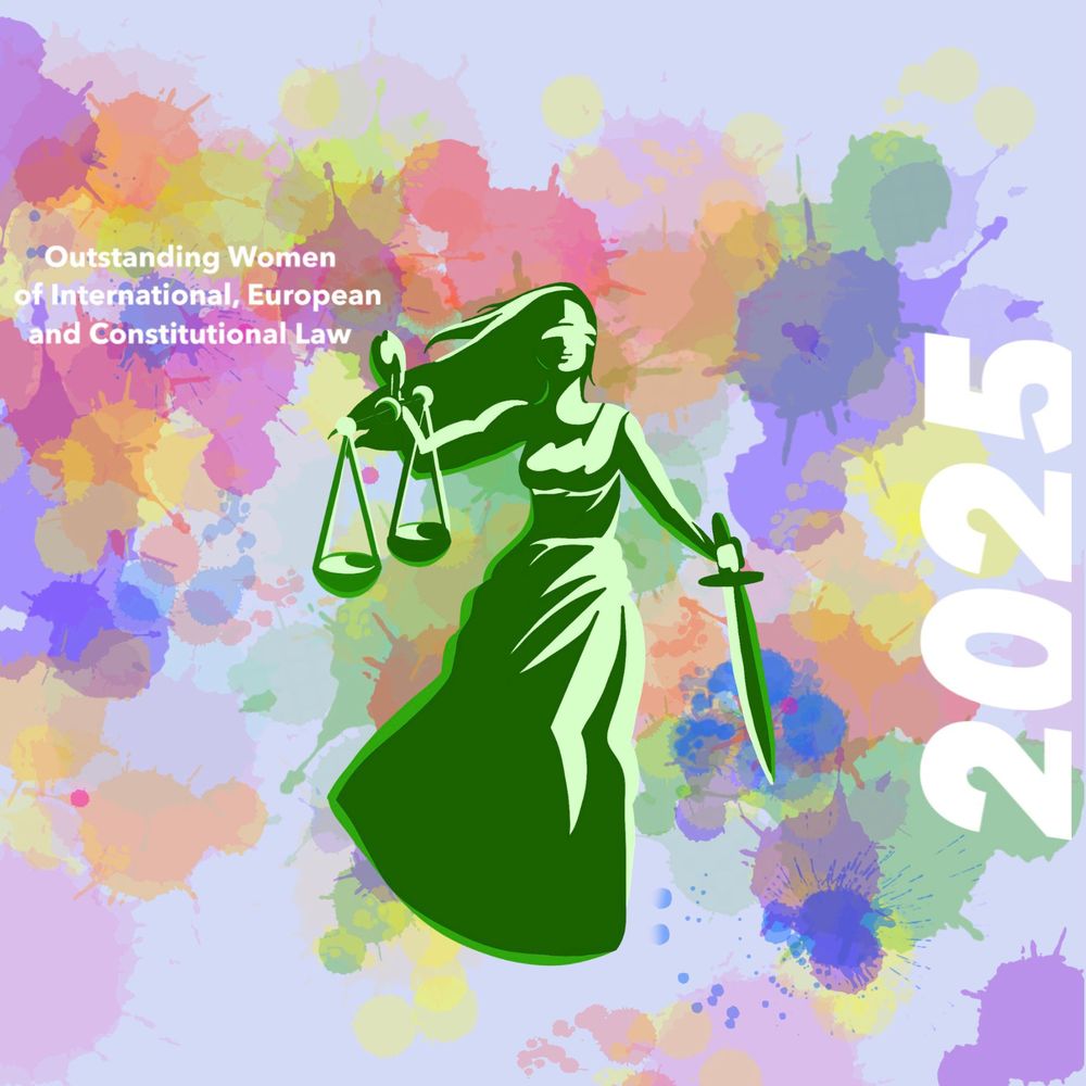A graphic depiction of a blind-folded Justitia with a scale and a sword as the logo of the "Outstanding Women of International, European and Constitutional Law" project