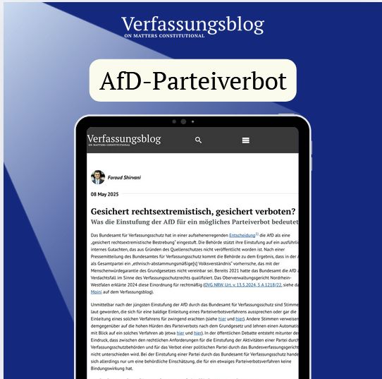 Tablet mit einem Verfassungsblog-Beitrag, überschrieben mit "AfD-Parteiverbot", das in einem Scheinwerferlicht steht