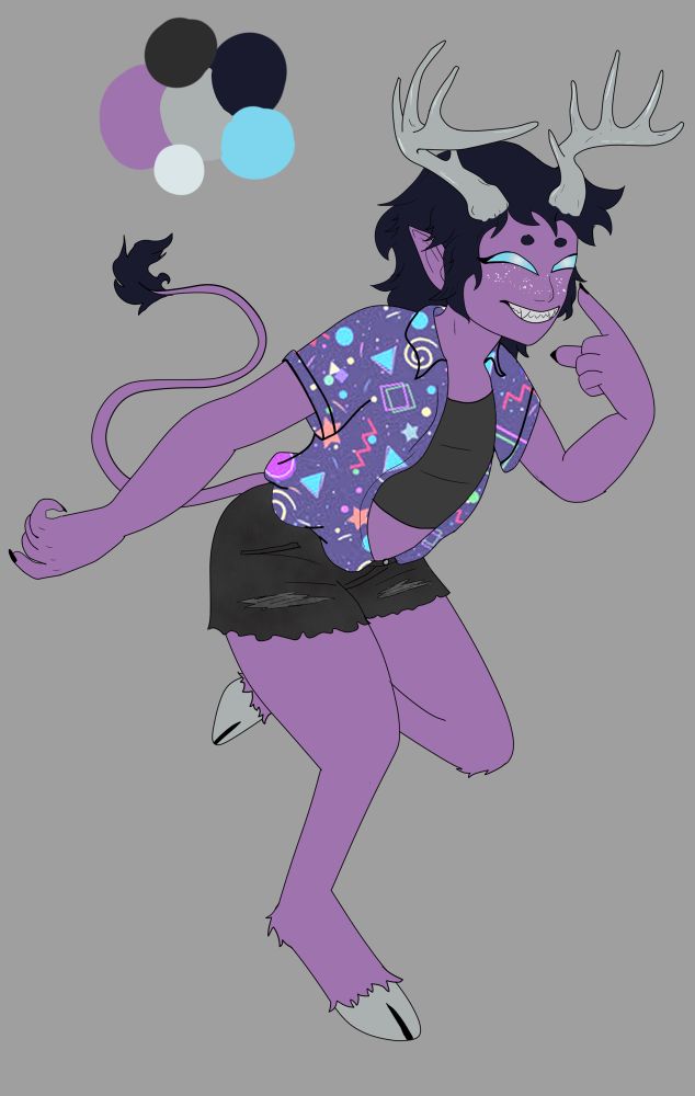 Little gremlin creature with purple skin, furry deer legs, sharp teeth, and silver antlers. Its hair is short and black, eyes fully blue, and white freckles. It’s wearing black shorts, black tank top and a button up with a retro arcade pattern