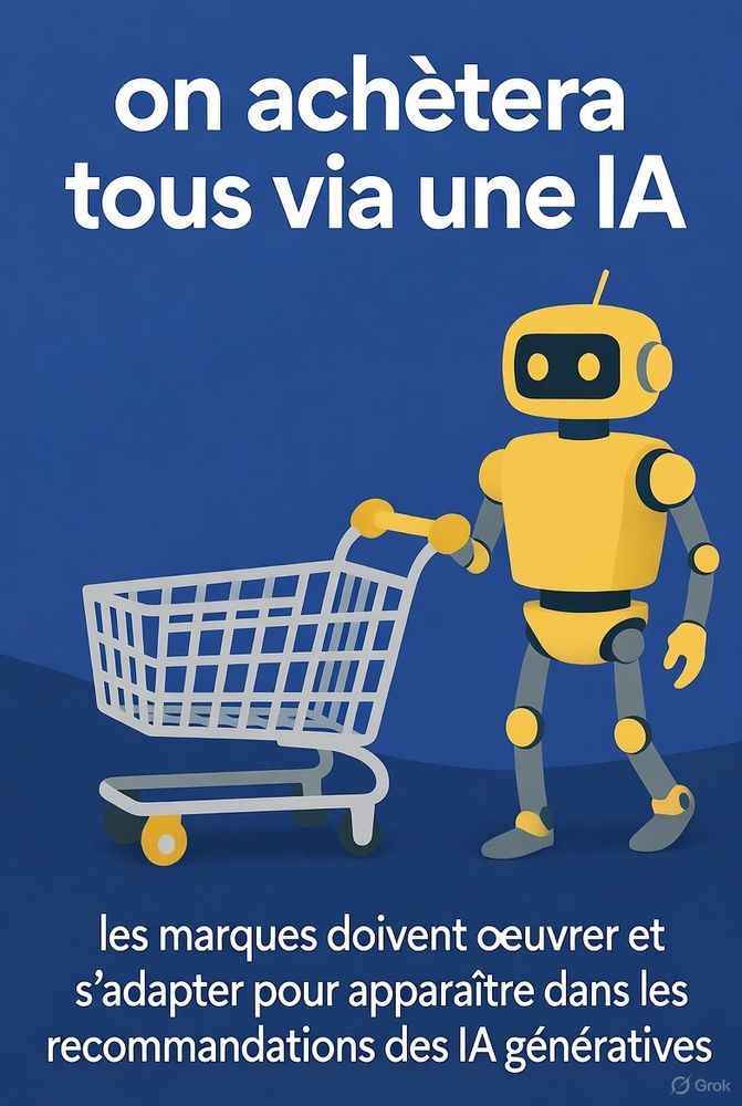Image de Christian Belala @Belalac via grok représentant un robot poussantun caddie de supermarché, avec en haut le texte "on achètera tous via une IA" et en texte en bas "les marques doivent œuvrer et s'adapter pour apparaître dans les recommandations des IA génératives"