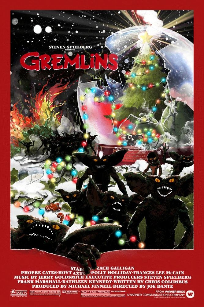 Gremlins movie poster with the creatures breaking a snowglobe to free themselves and causing chaos on the way out.