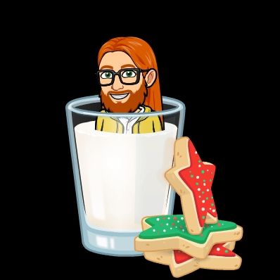 Cartoon of Ben, a male with long ginger hair and thick black glasses, in a glass of milk, with 3 star cookies to the right side, in green and red with sprinkle.