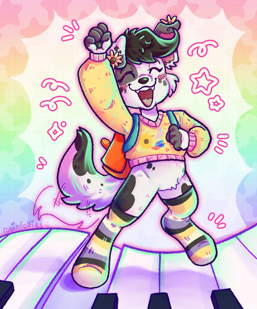 My dalmatian sona, dancing on a piano in a flash of color and excitement while wearing enby socks! Drawn by Robin Follies!
