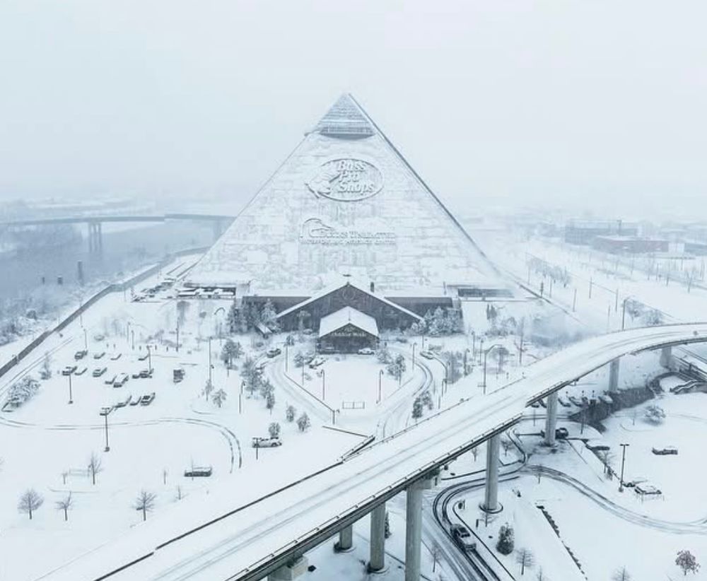 bass pro shop pyramid and surrounding area/highway covered in snow