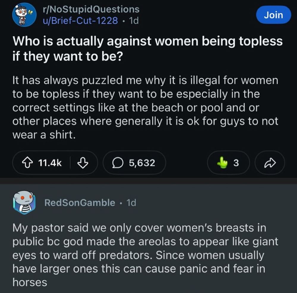 r/NoStupidQuestions u/Brief-Cut-1228 
Who is actually against women being topless if they want to be?
It has always puzzled me why it is illegal for women to be topless if they want to be especially in the correct settings like at the beach or pool and or other places where generally it is ok for guys to not wear a shirt.

RedSonGamble 
My pastor said we only cover women's breasts in public be god made the areolas to appear like giant eyes to ward off predators. Since women usually have larger ones this can cause panic and fear in horses