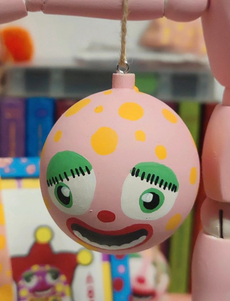 A pink Mr Blobby bauble that is a bit terrifying 