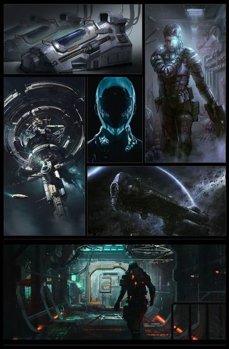 Upper Left: A row of cryogenic beds keeps the crew of a space freighter frozen in sleep. Upper Right: A soldier wielding a pistol uses their other hand to turn on a holographic display over one eye. Middle Left: A shuttle craft approaches a spiral space station comprised of many layered rings. Middle Top: A sleek, black helmet covers the face of an alien life form. Middle Right: A space freighter drifts through a debris field, engines dark, no signs of life. Bottom: A crew member wearing an environmental suit stalks down a space freighter's corridor toward a closed bulkhead door.  