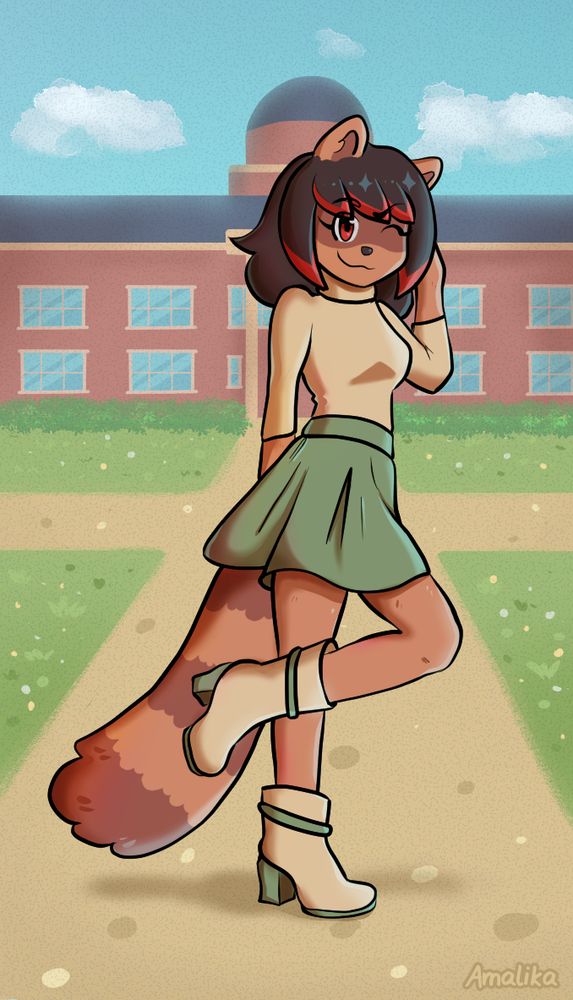 Amalika, a raccoon girl, strikes a cute pose. She is standing on a walkway in front of an older university building.