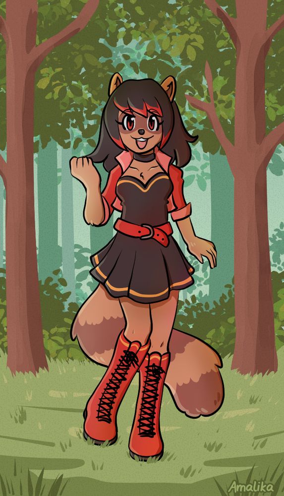Amalika, a raccoon girl, stands excitedly in a forest during daytime. She wears a black dress, red jacket, and red boots for her adventure.