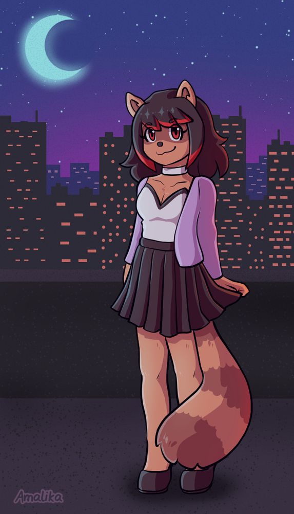 A raccoon girl is wearing a pleated skirt with a cute shirt and jacket to go with it. She is standing in front of a city landscape with tall buildings, a starry nightsky and a glowing moon.