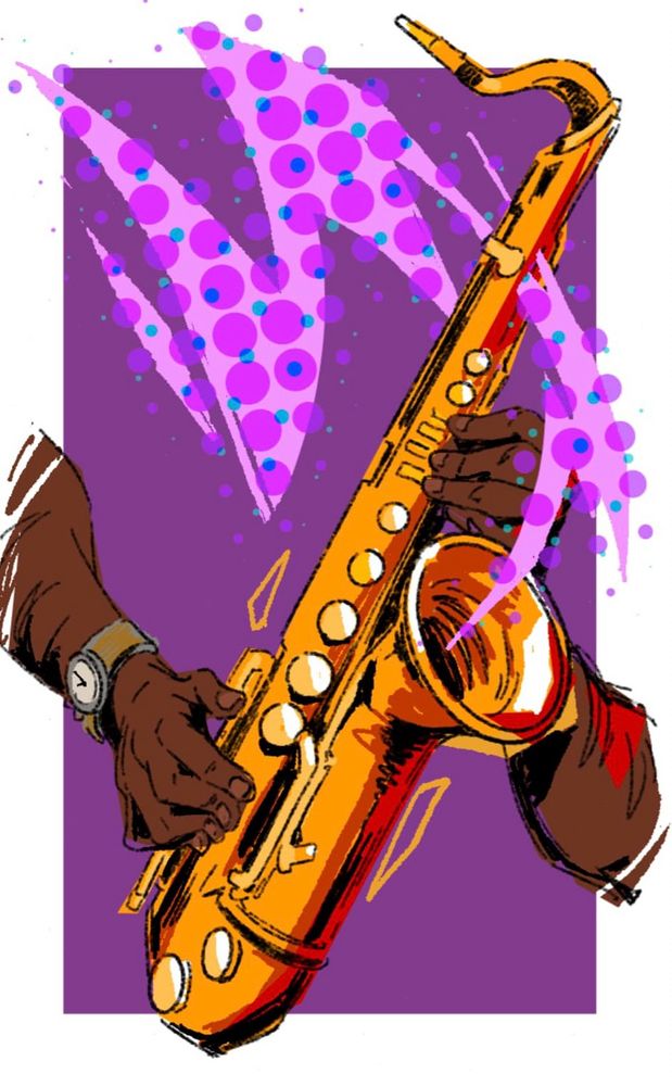 A saxophone being played, with bright colors bursting out to represent music.
