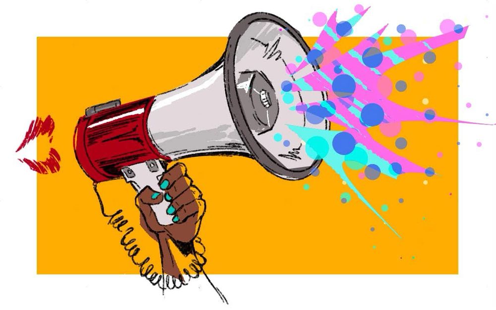 A disembodied lipstick mouth speaks through an electric bullhorn, with colors bursting out of the bell.