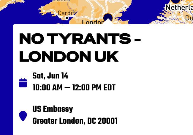 Flyer for a "No Tyrants" protest in London, UK