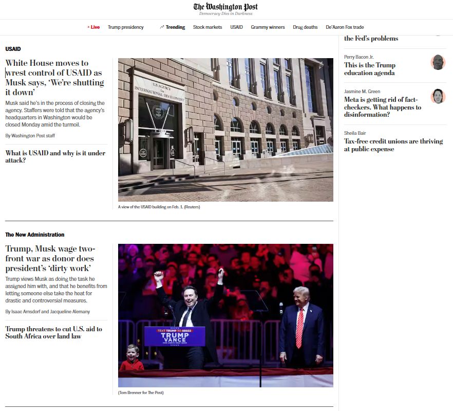 Washington Post homepage with multiple top headlines about Musk seizing control of USAID, Treasury etc. 