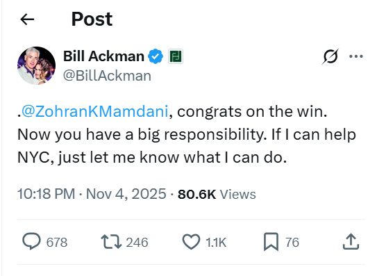 screenshot of tweet by Bill Ackman congratulating Mamdani on the win
