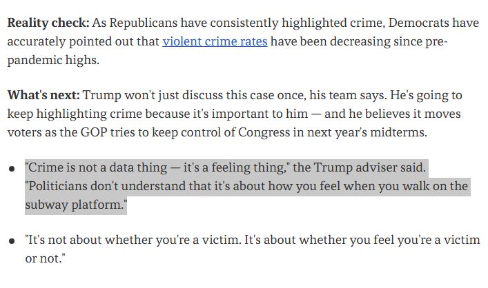Screenshot of Axios story about conservatives alleging that the MSM is underplaying the brutal stabbing of Ukrainian refugee Iryna Zarutska by a Black man on a train in Charlotte.

Reality check: As Republicans have consistently highlighted crime, Democrats have accurately pointed out that violent crime rates have been decreasing since pre-pandemic highs.

What's next: Trump won't just discuss this case once, his team says. He's going to keep highlighting crime because it's important to him — and he believes it moves voters as the GOP tries to keep control of Congress in next year's midterms.

"Crime is not a data thing — it's a feeling thing," the Trump adviser said. "Politicians don't understand that it's about how you feel when you walk on the subway platform."
"It's not about whether you're a victim. It's about whether you feel you're a victim or not."

https://www.axios.com/2025/09/08/iryna-zarutska-stabbing-video-republicans-maga 