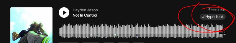 soundcloud upload of "Not In Control" by Hayden Jason from 4 years ago, with the genre tagged as "hyperfunk"