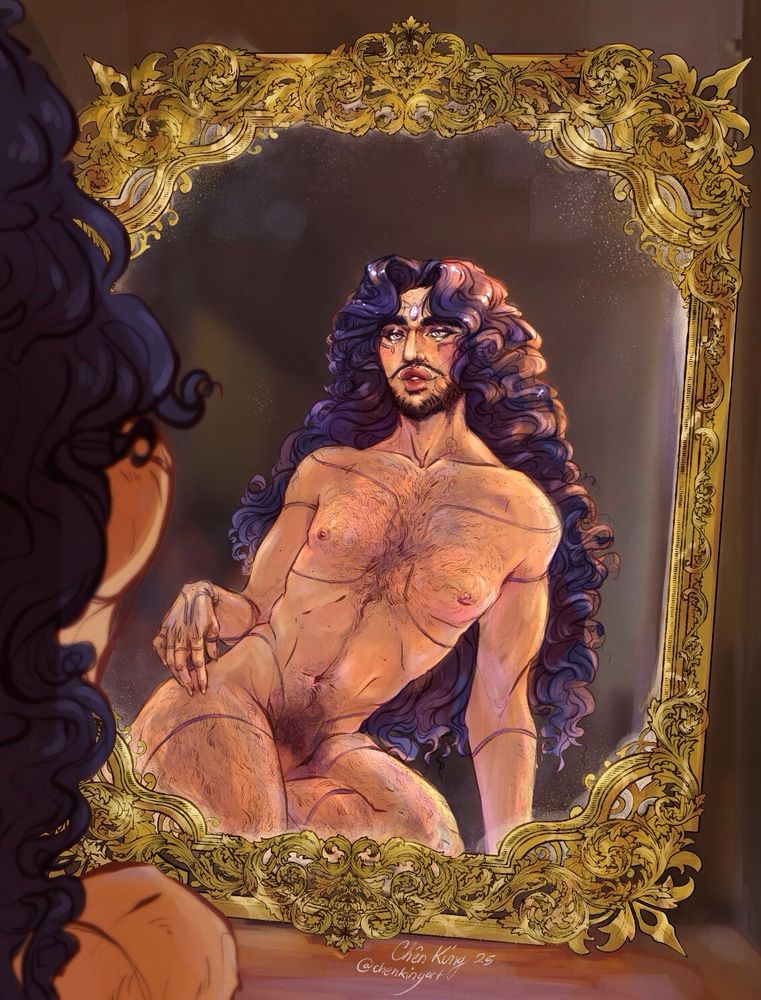 Digital illustration by Chên King of OC Ashley. They are sitting in front of a gold frame mirror. Their purple hair cascades down their back. The light is warm.