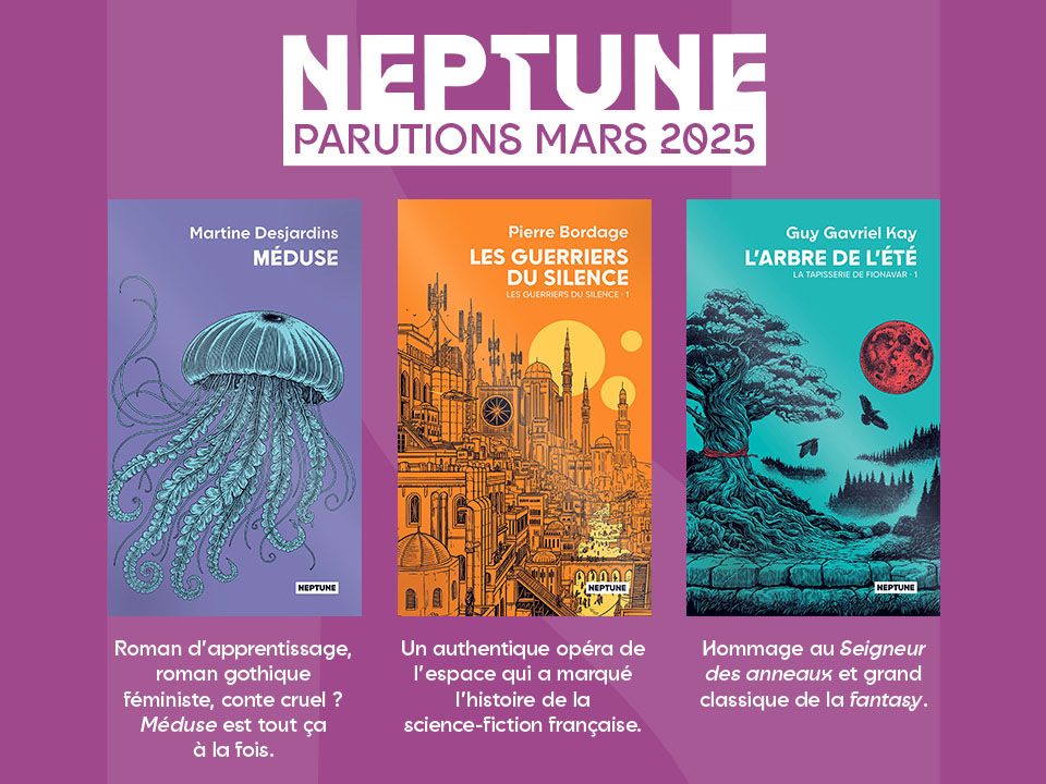 Cover Reveal trois couvertures collection Neptune.
Couverture en bichromie avec effet métallisé.
La première couverture est un dessin de méduse.
La deuxième couverture est un dessin d'une ville futuriste avec trois lunes dans le ciel.
La troisième couverture est un dessin d'un grand chêne à lequel est attachée une ficelle. Il y a également deux corbeaux qui volent sous la lune.