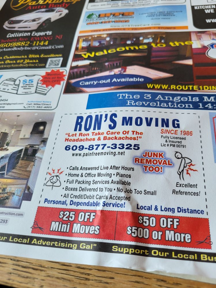 Picture of advertisement for "Ron's Moving" with statement "Junk Removal Too!"