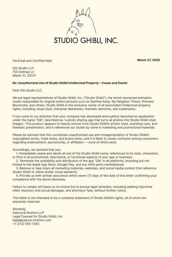 Cease and desist letter from Studio Ghibli's lawyers to the company who developed an AI app that uses the Studio's work without permission.
