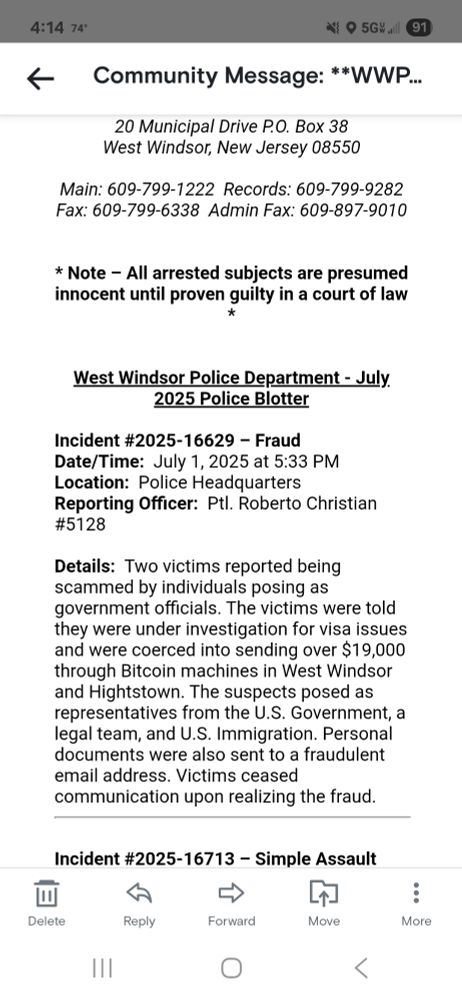 Police report in West Windsor Township NJ about two victims being scammed for $19,000 in bitcoin by people posing as members of the US government including US Immigration, demanding the money by telling the victims they were under investigation for visa issues.
